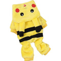 Dog or cat wearing a cartoon-style fleece hooded coat in a cosplay design.