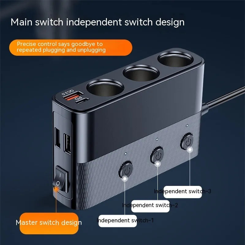 Black car cigarette lighter charger with USB QC3.0 and PD fast charging ports