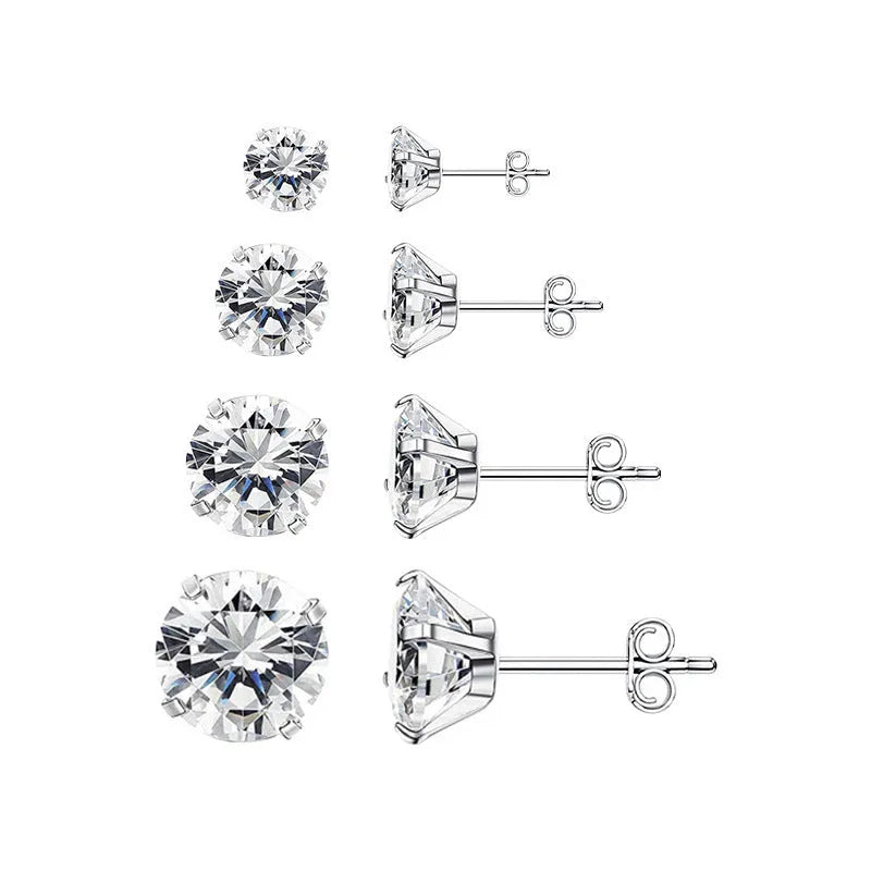 Titanium steel geometric zircon stud earrings with round and square stones in stainless steel construction