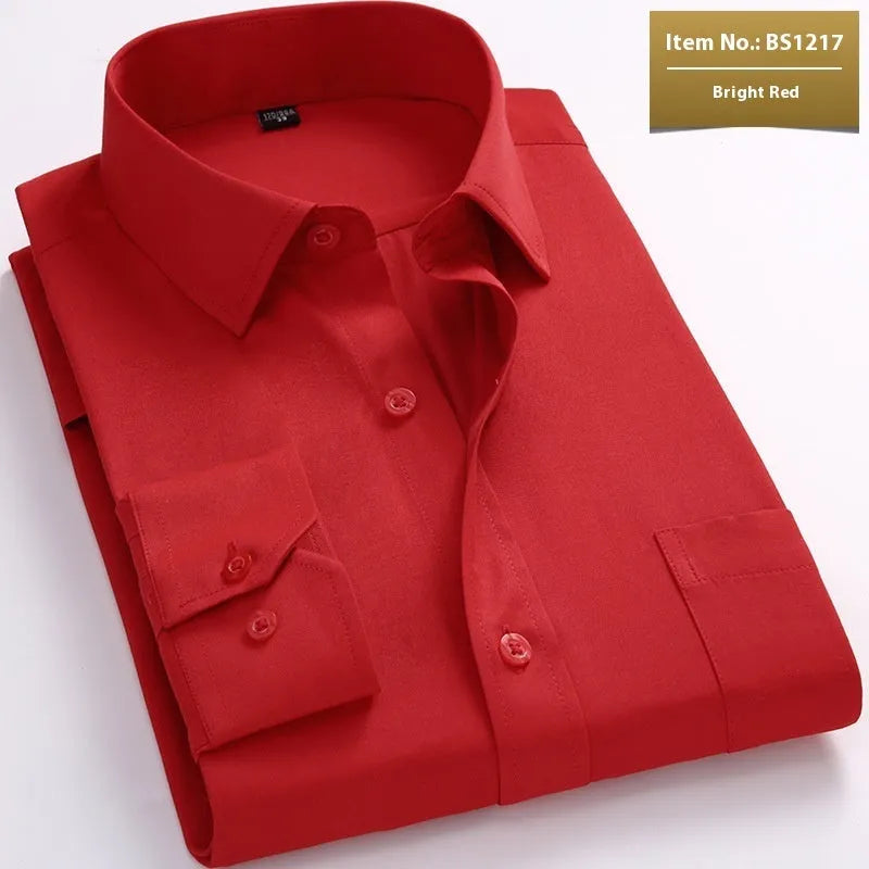 Men's long sleeve linen business shirt in pink diagonal pattern and solid red colour options