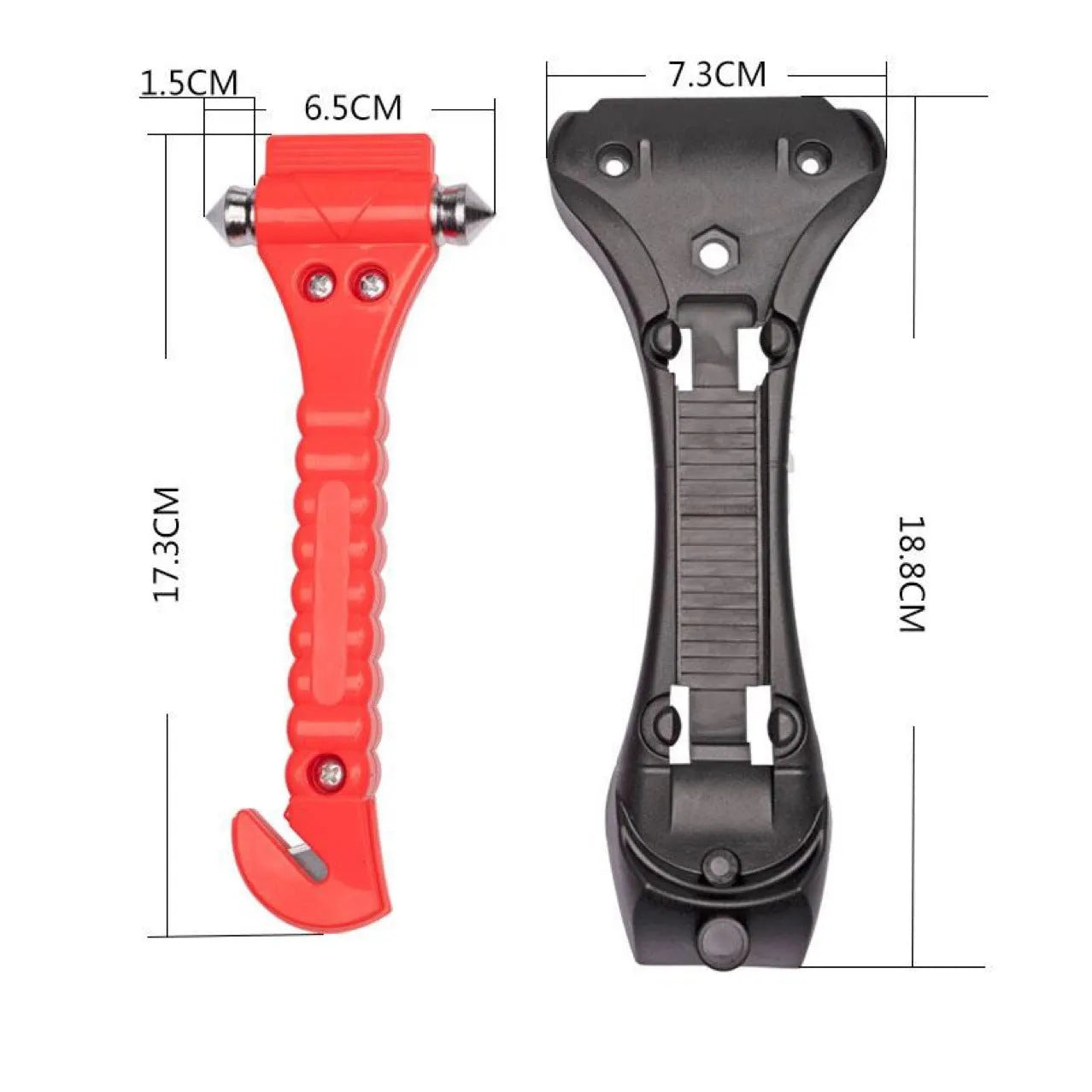 Red car emergency hammer with integrated seatbelt cutter and window breaker tip