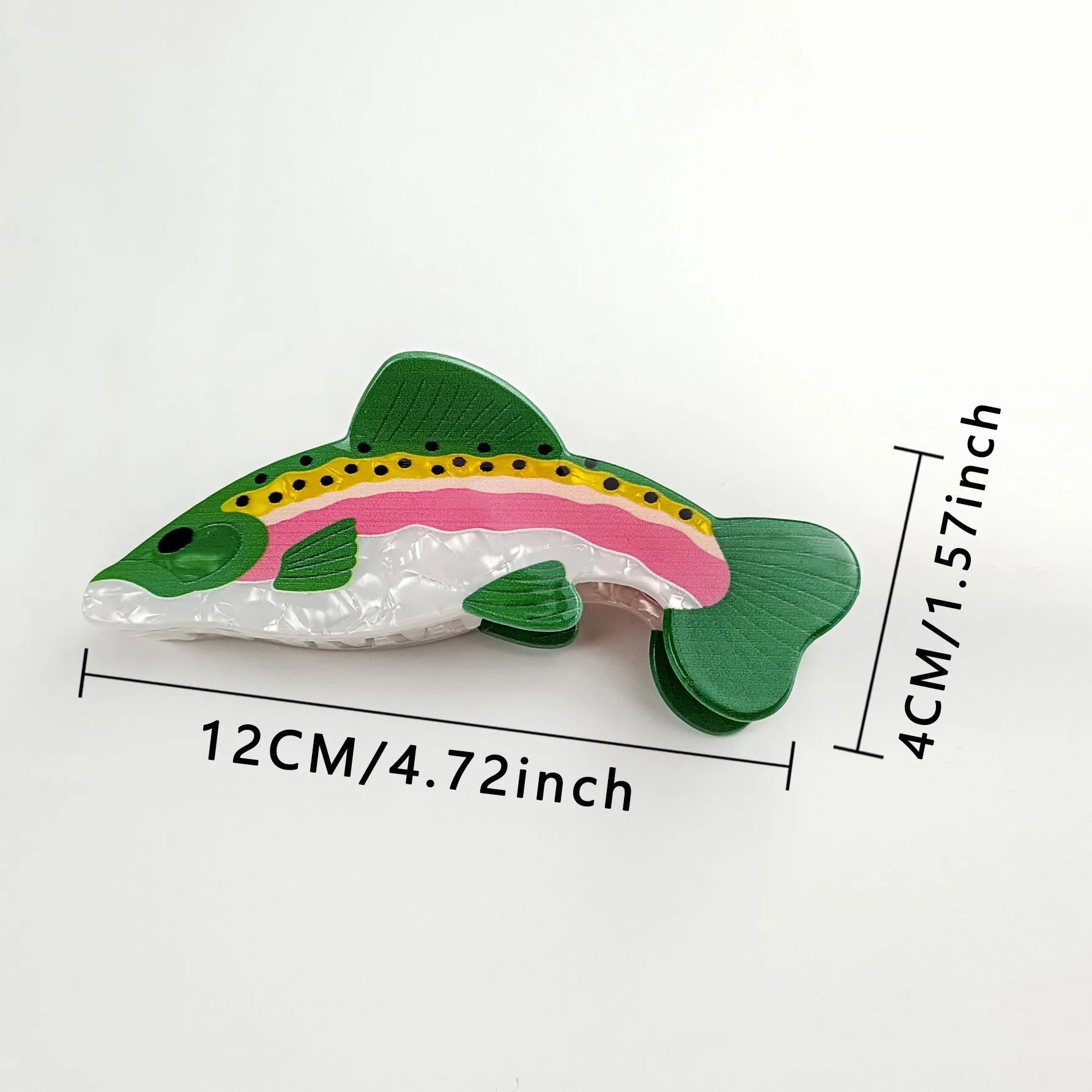 Dark green PVC hair clip with printed rainbow trout marine design
