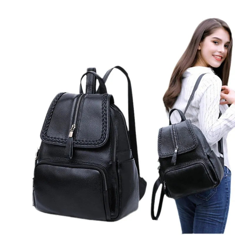 Solid colour genuine leather women's backpack with front sandwich pocket in blue.