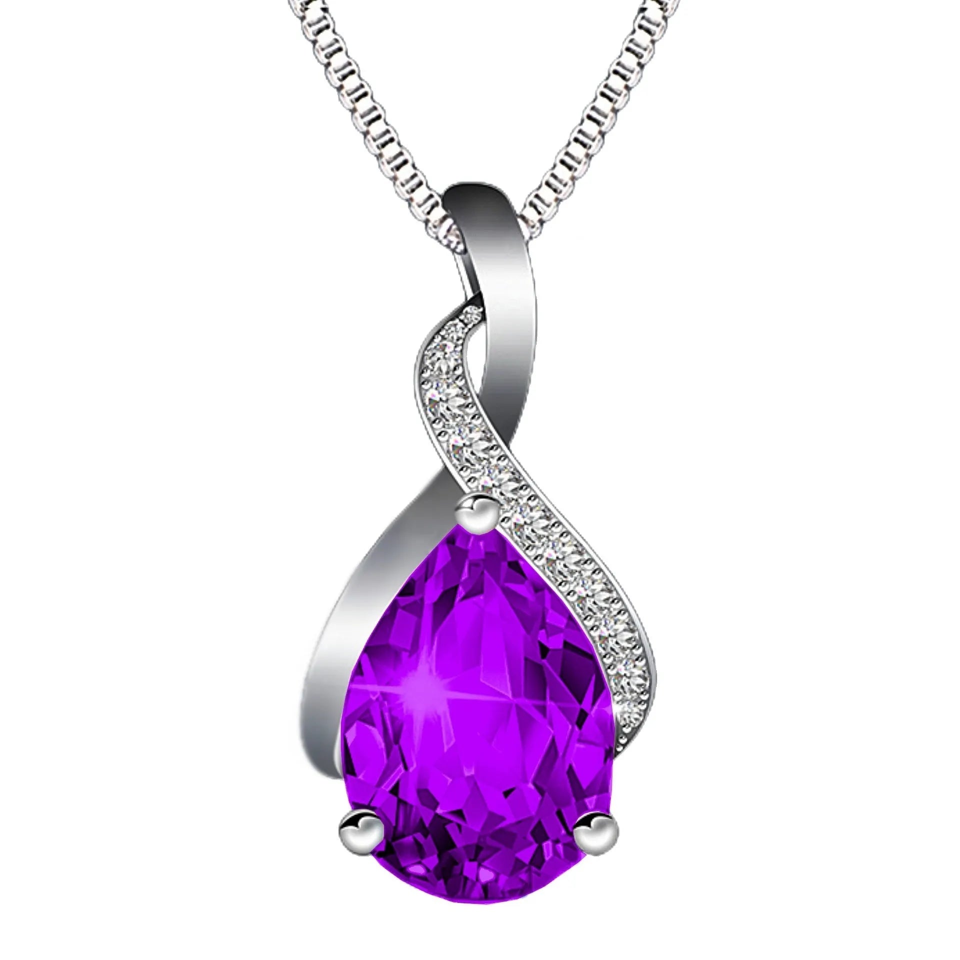 Copper drop shape pendant necklace with electroplated finish on a dark blue diamond square chain