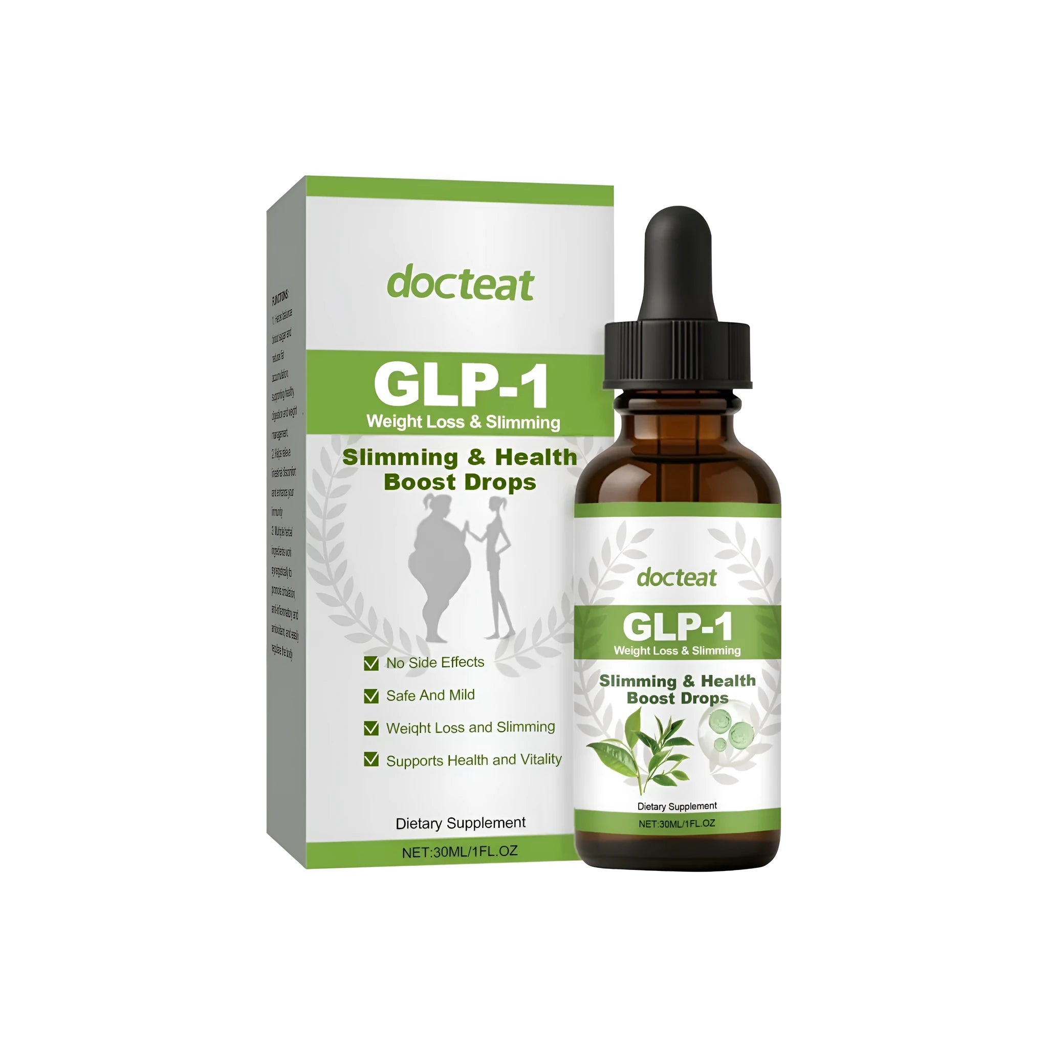 30ml bottle of Moringa leaf extract gut health drops with green tea and peppermint oil.