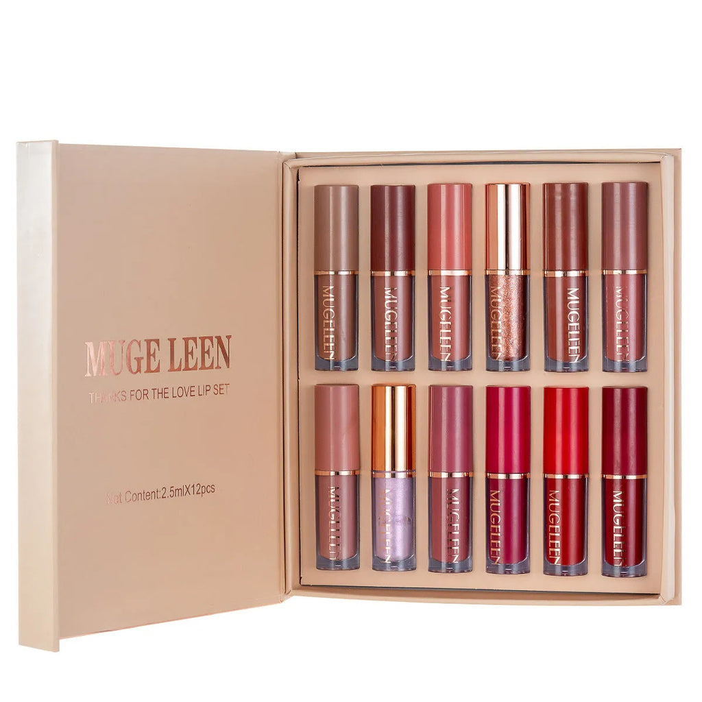 Boxed set of 12 matte shimmer lip glazes in various shades on a pink background.