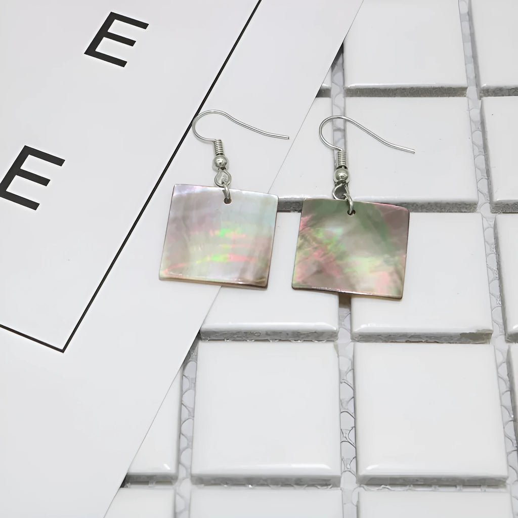 Geometric shell drop earrings in Square Panther or Rectangular Shell designs