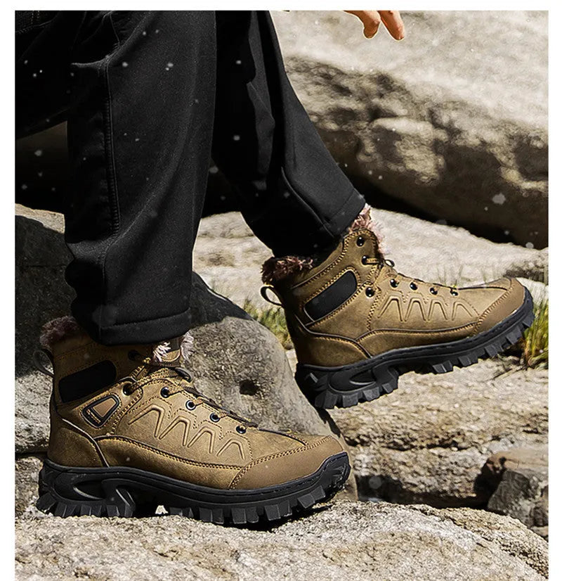 Men's plus size warm high top outdoor cotton shoes in black with rubber sole and wedge heel