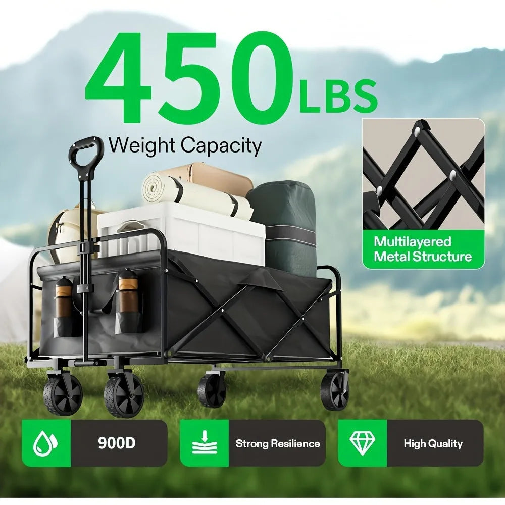 Collapsible metal garden wagon cart with attached storage box, shown folded and unfolded.