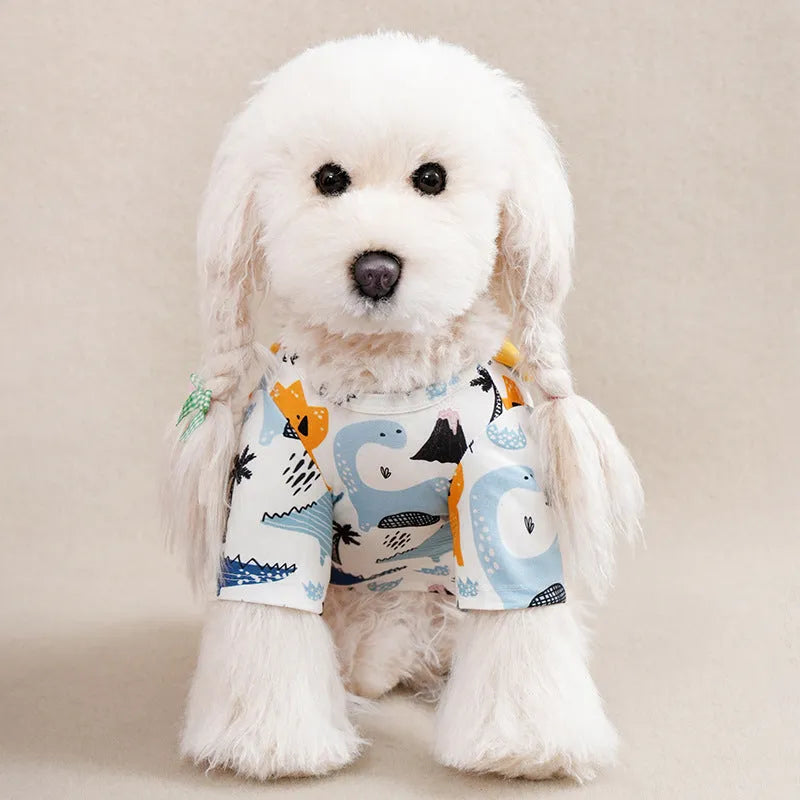Printed polyester dog t-shirt showing full design, available in sizes S to XXL for dogs 1.50kg-8.00kg