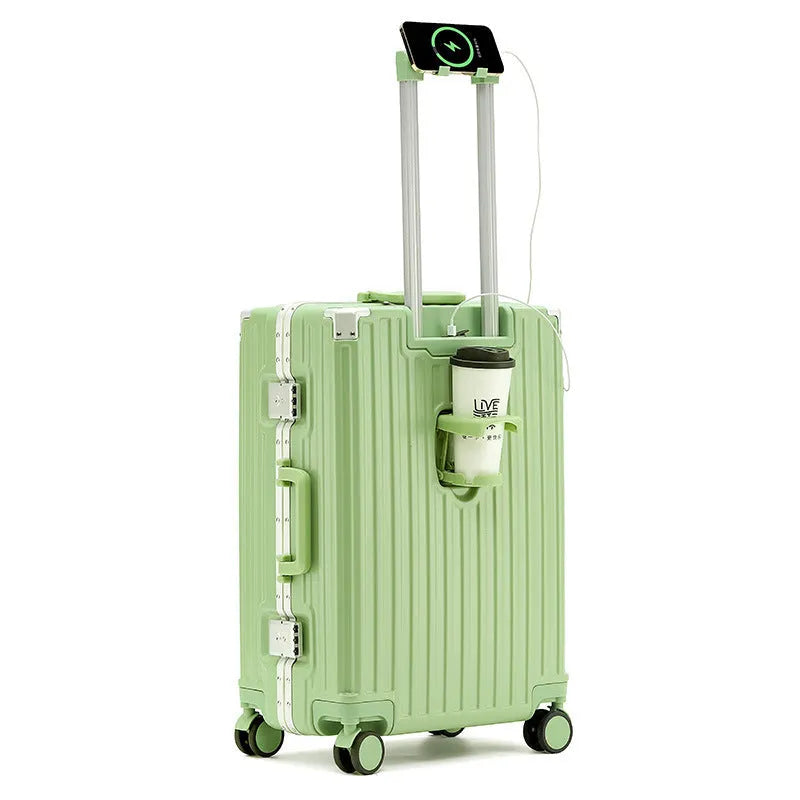 Aluminium frame hard shell ABS PC suitcase in avocado green with universal wheels.