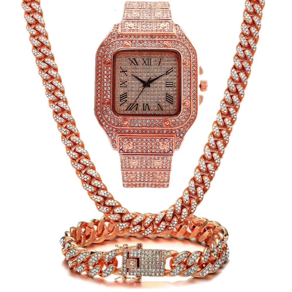 Roman numeral dial watch with black mesh strap, bracelet, and necklace set in gold, rose gold, or silver.