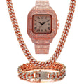 Roman numeral dial watch with black mesh strap, bracelet, and necklace set in gold, rose gold, or silver.