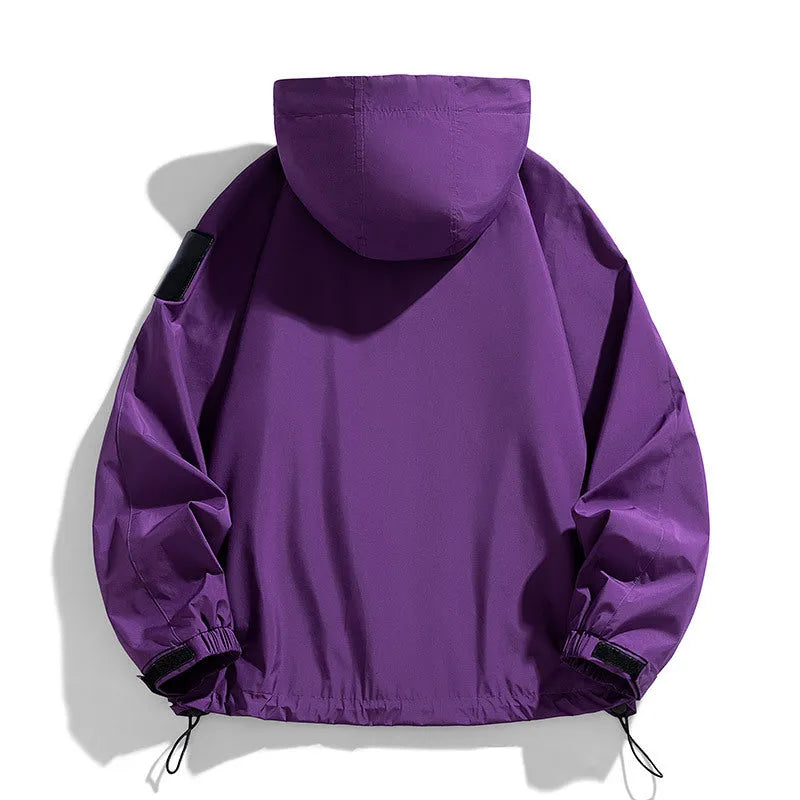 Men's waterproof windproof hooded jacket in polyester chemical fibre blend fabric