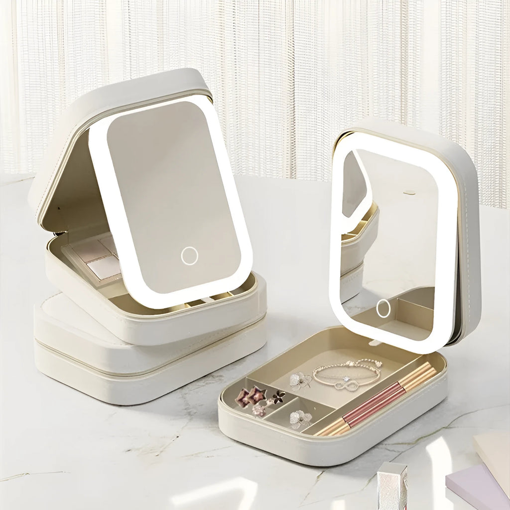 Portable makeup storage box with LED mirror in cherry blossom pink showing adjustable stand and storage compartment