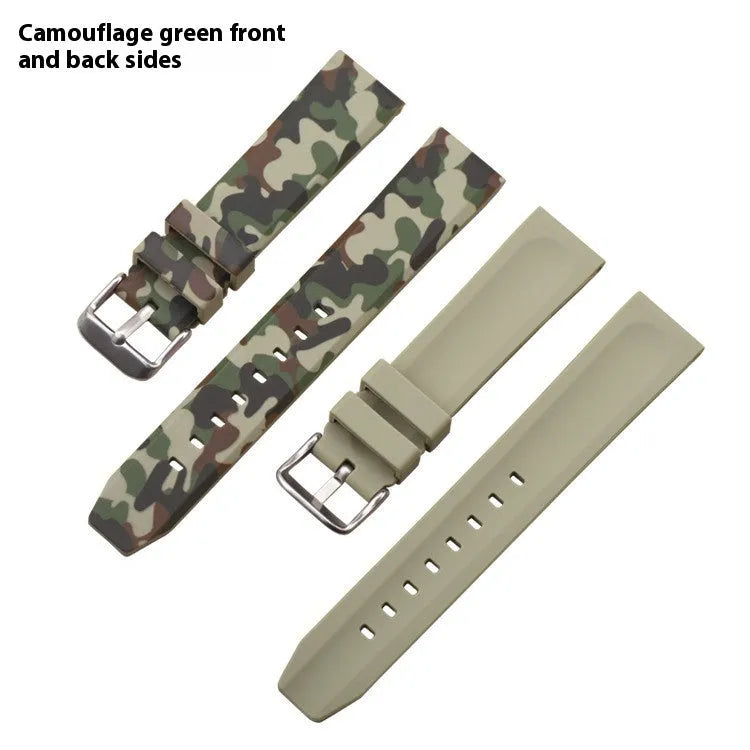Green, blue, and grey camouflage silicone watch strap showing 20mm, 22mm, and 24mm width options.