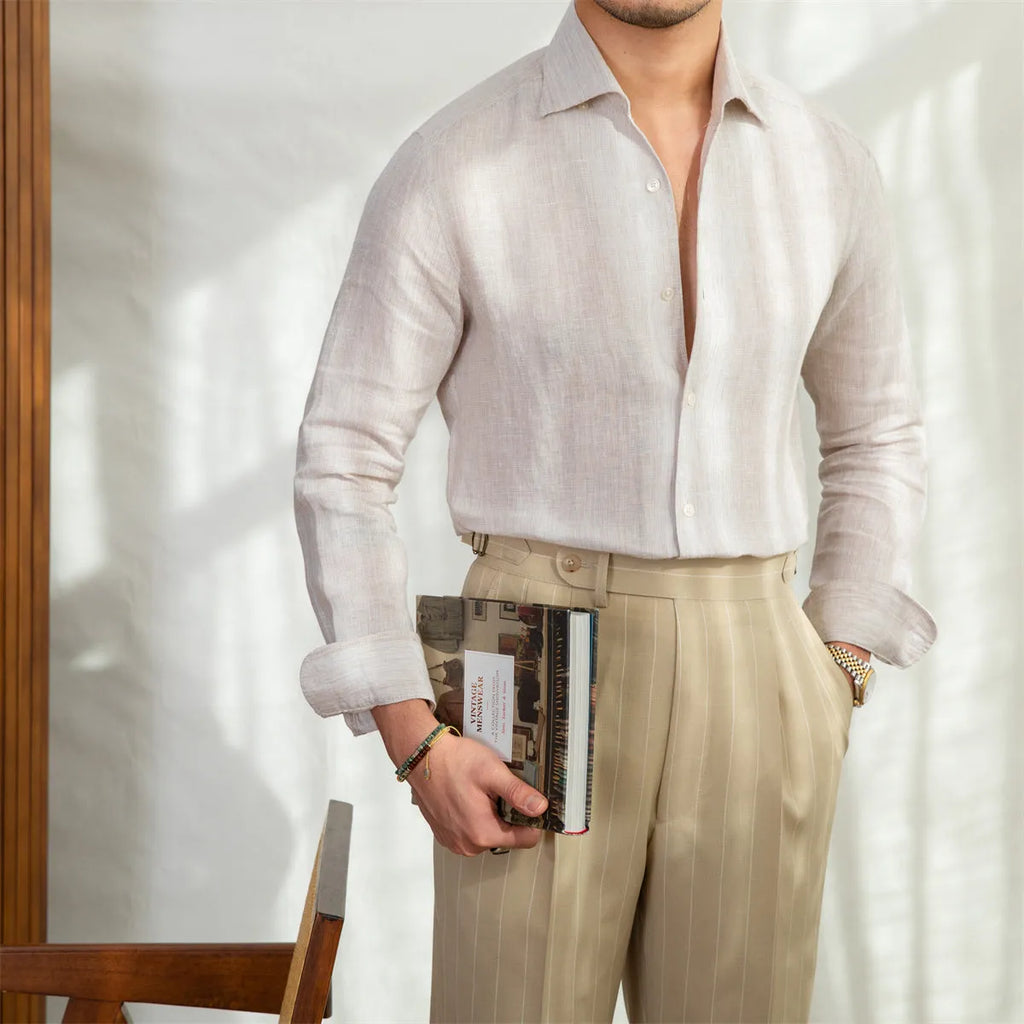 One Neckline Slim Fit Shirt For Men in blue, 100% linen fabric with semi-open collar, front view