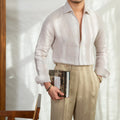 One Neckline Slim Fit Shirt For Men in blue, 100% linen fabric with semi-open collar, front view