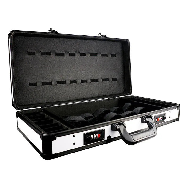 Black PVC storage box for hair tools with measurements showing 55cm length and 27cm height.