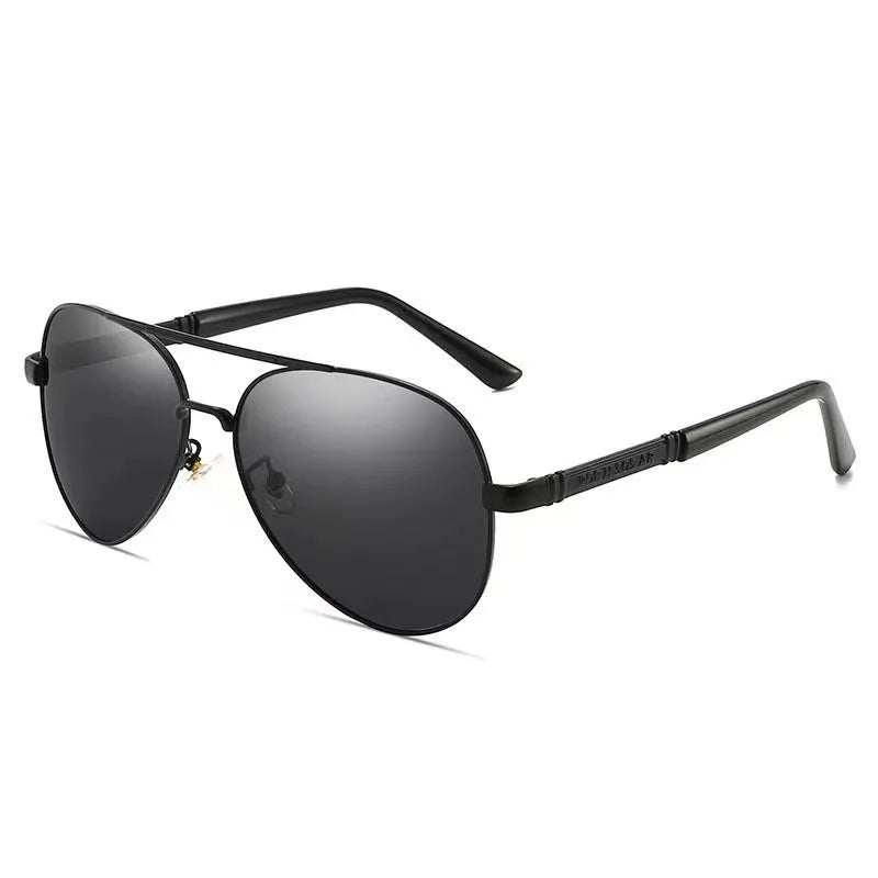 Men's metal frame polarised sunglasses in gold, black, and silver with grey or colour-changing lenses.