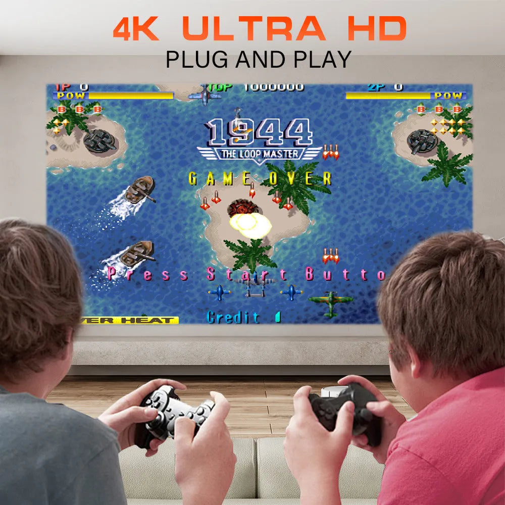 M300MAX portable projection game machine in white or red packaging with wireless gaming handles