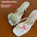 Women's handmade asymmetric floral sandals with high heel and square toe in calf leather