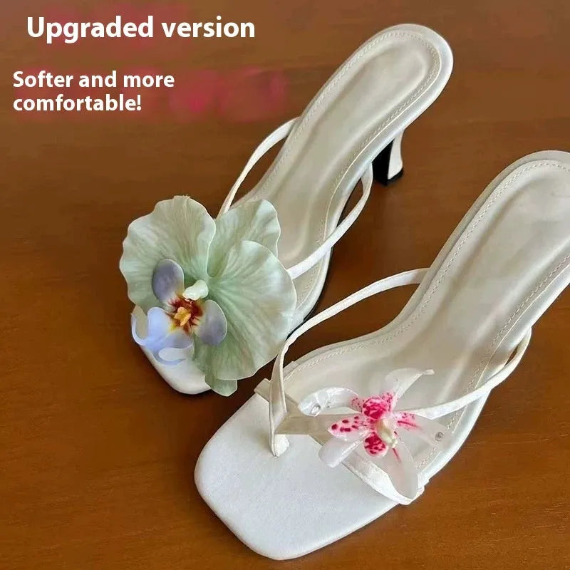 Women's handmade asymmetric floral sandals with high heel and square toe in calf leather
