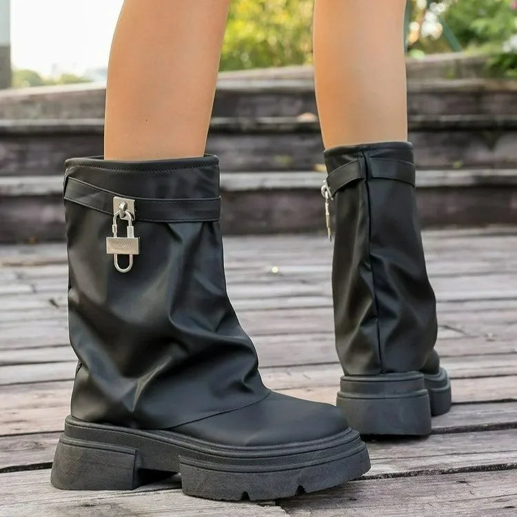 Black women's synthetic leather Martin boots with thick sole, side zipper, and round toe
