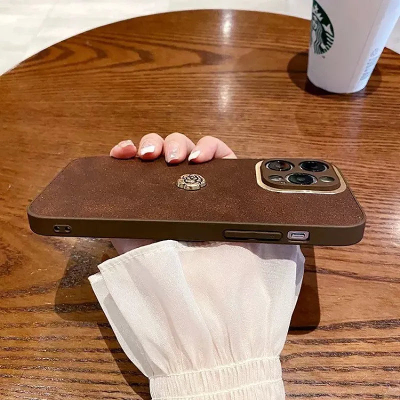 Brown Camellia phone case with frosted finish for iPhone 11 12 X Xs 14