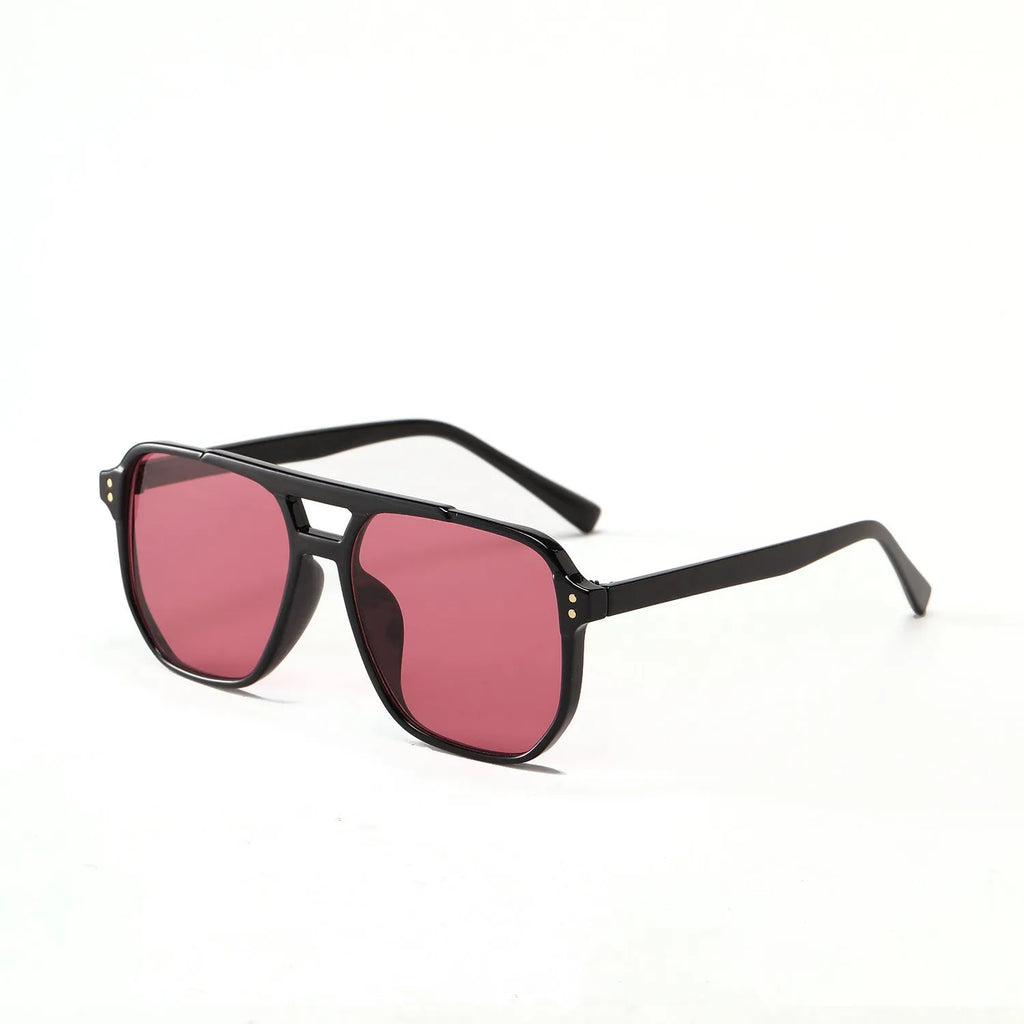 Square double beam sunglasses for women in black frame with pink lens, showing full frame design.