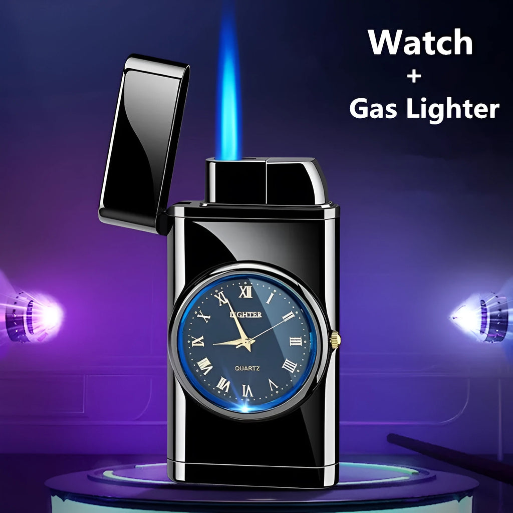 Multifunctional electronic watch and gas lighter with LED flashing lamp in metal body