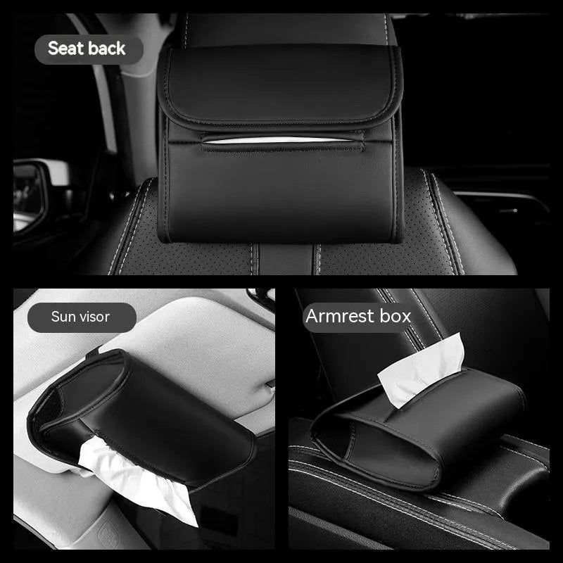 Brown leather car tissue box with elastic strap hanging on a car seat back.