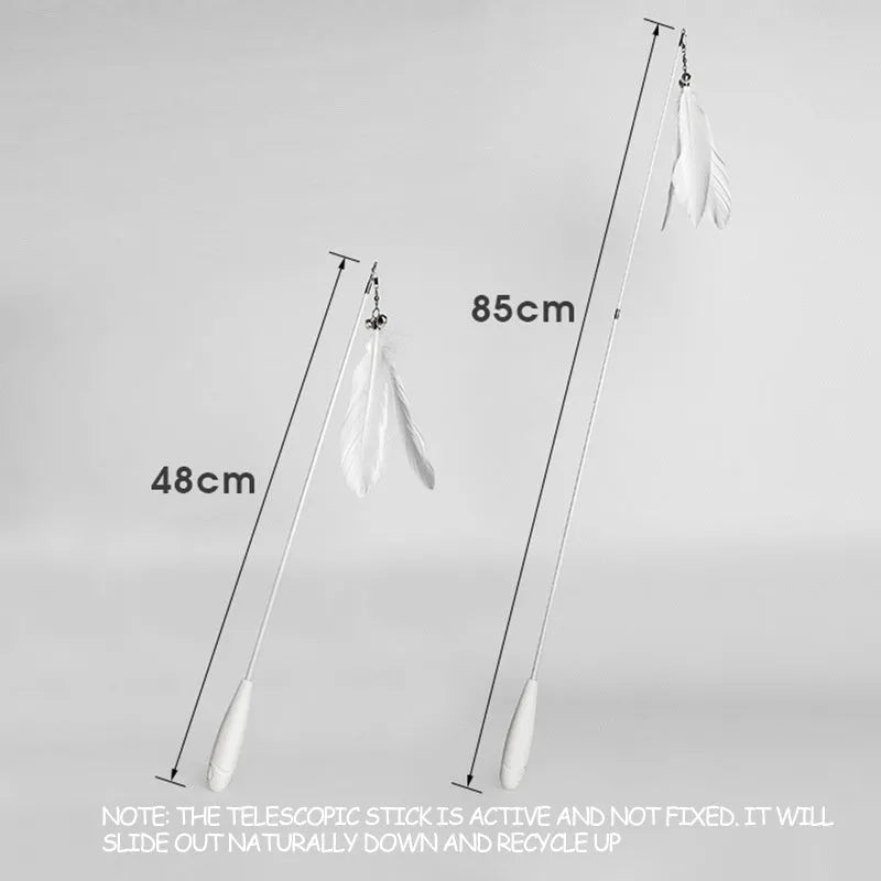 Telescopic fishing rod cat toy with goose feather teasers extended to show full length