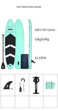 Inflatable stand up paddleboard 320x76cm green PVC with fin and foot rope on water