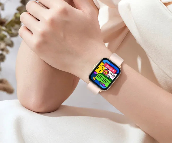 Smart watch with 1.7-inch colour touch screen showing fitness metrics and Bluetooth call interface