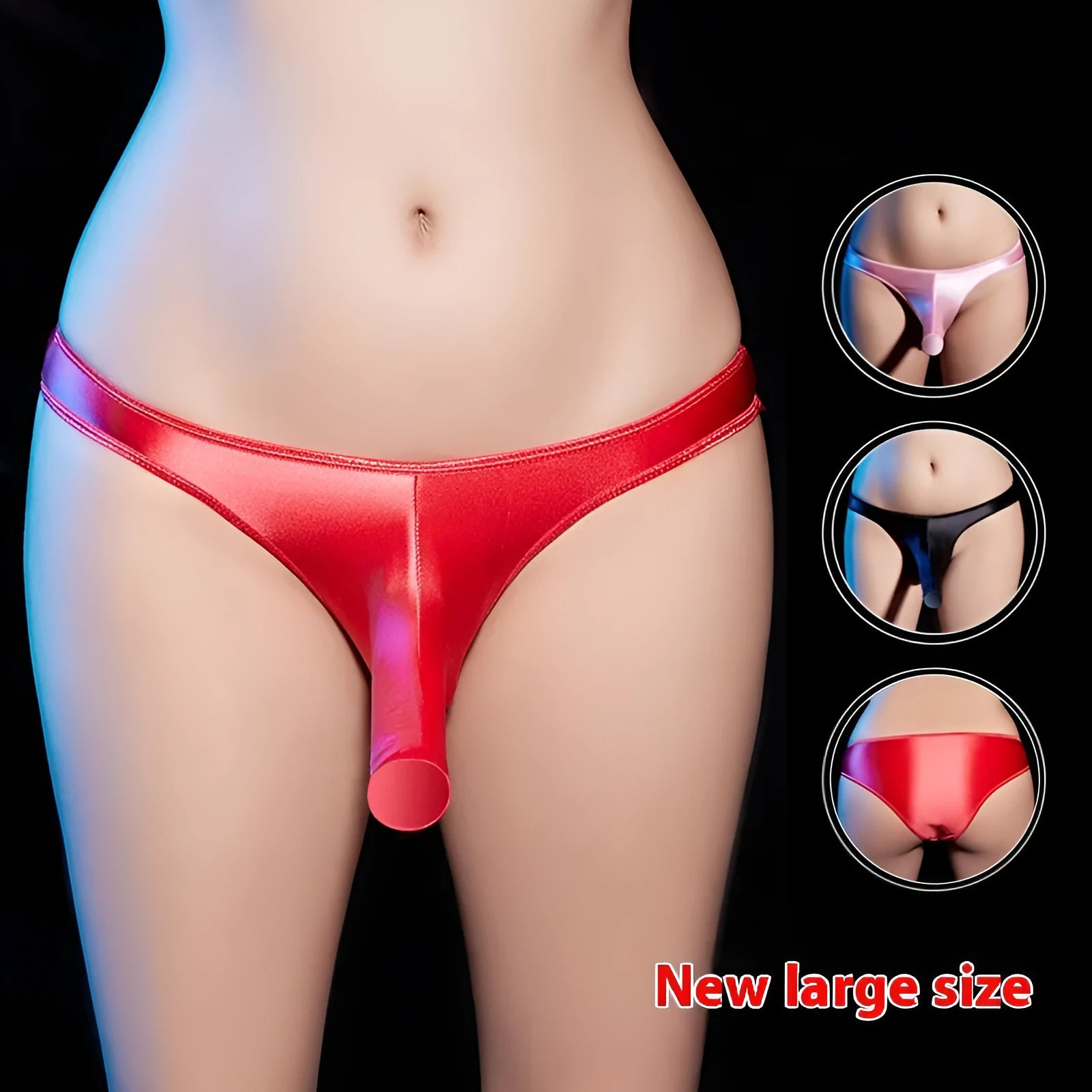 Men's low waist T-back shiny nylon underwear in black, shown on a model.