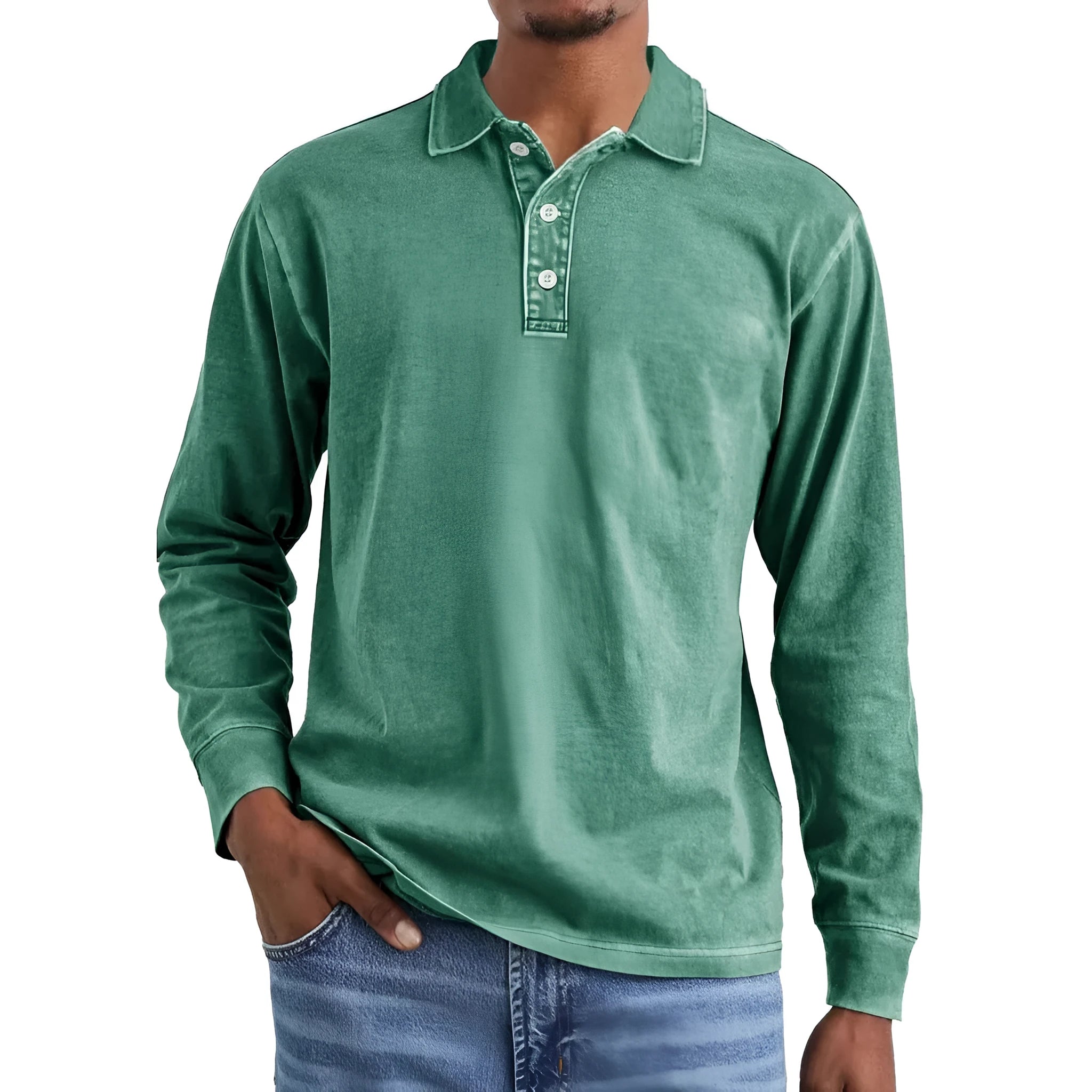 Men's retro-style long sleeve polo shirt in washed cotton with a lapel collar, shown in Army Green.
