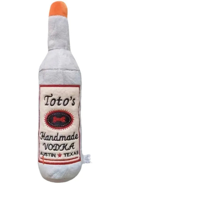 Brown plush dog toy shaped like a wine bottle with textured surfaces and a squeaker.