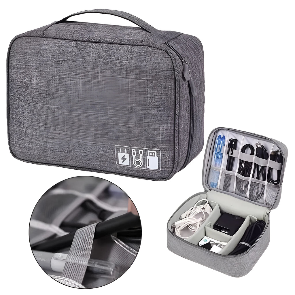 Black electronics organizer travel cable bag with removable dividers, mesh pockets, and a top handle