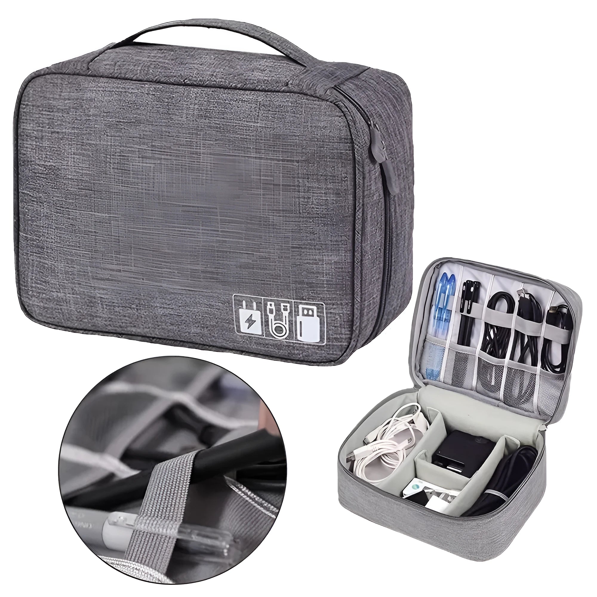 Black electronics organizer travel cable bag with removable dividers, mesh pockets, and a top handle
