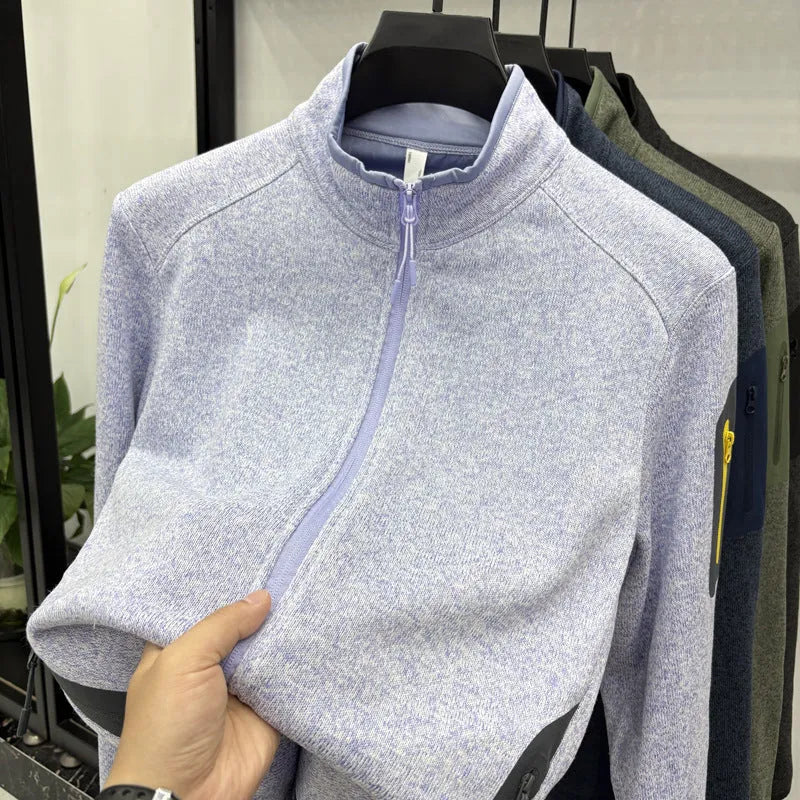 Men's solid colour stand collar knitwear jacket in polyester fibre, loose fit cardigan, available in multiple colours including Night Shadow Blue and Fog Dark Green.