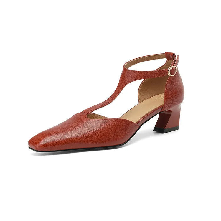 Wine red sheepskin leather retro shoes with square toe, chunky heel, and ankle buckle.