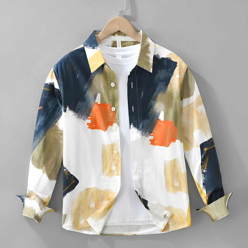 Women's printed colour cotton long sleeve loose cardigan on a hanger.