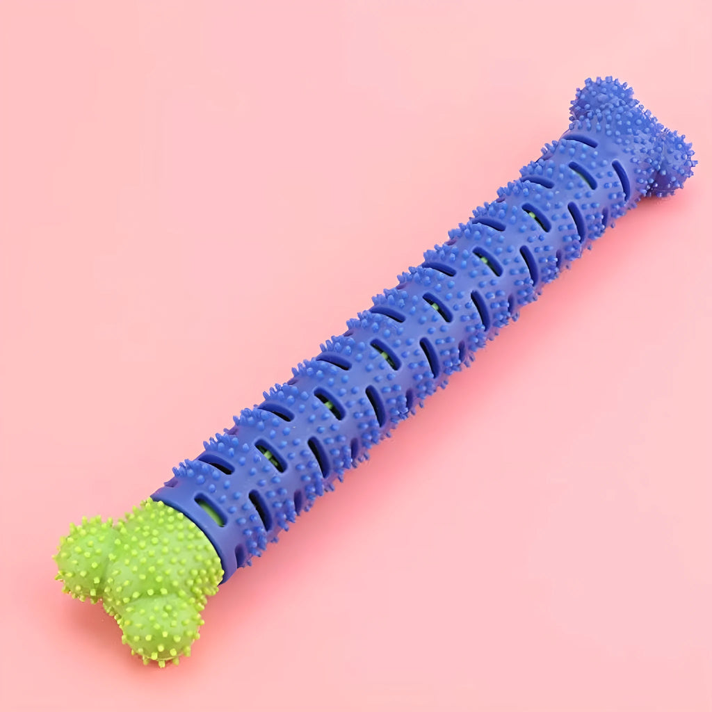 Blue green dog dental cleaning stick with silicone brush head and massage nodules measuring 25cm