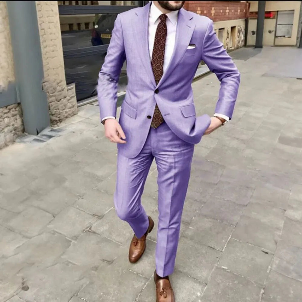 Men's slim fit two-button suit jacket and trousers in light purple acetate fabric.