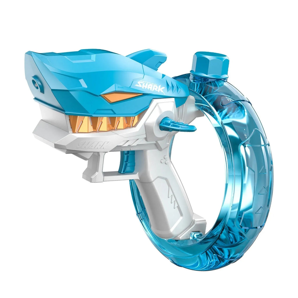 Blue Shark-shaped electric water gun toy with large tank on a summer beach.