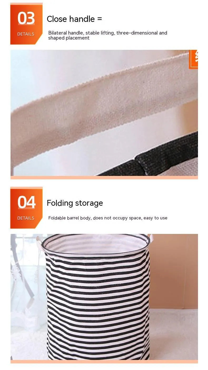 Striped cotton and linen storage basket, 40 x 50cm, with double handles, shown in black or red for laundry, toys or household use.