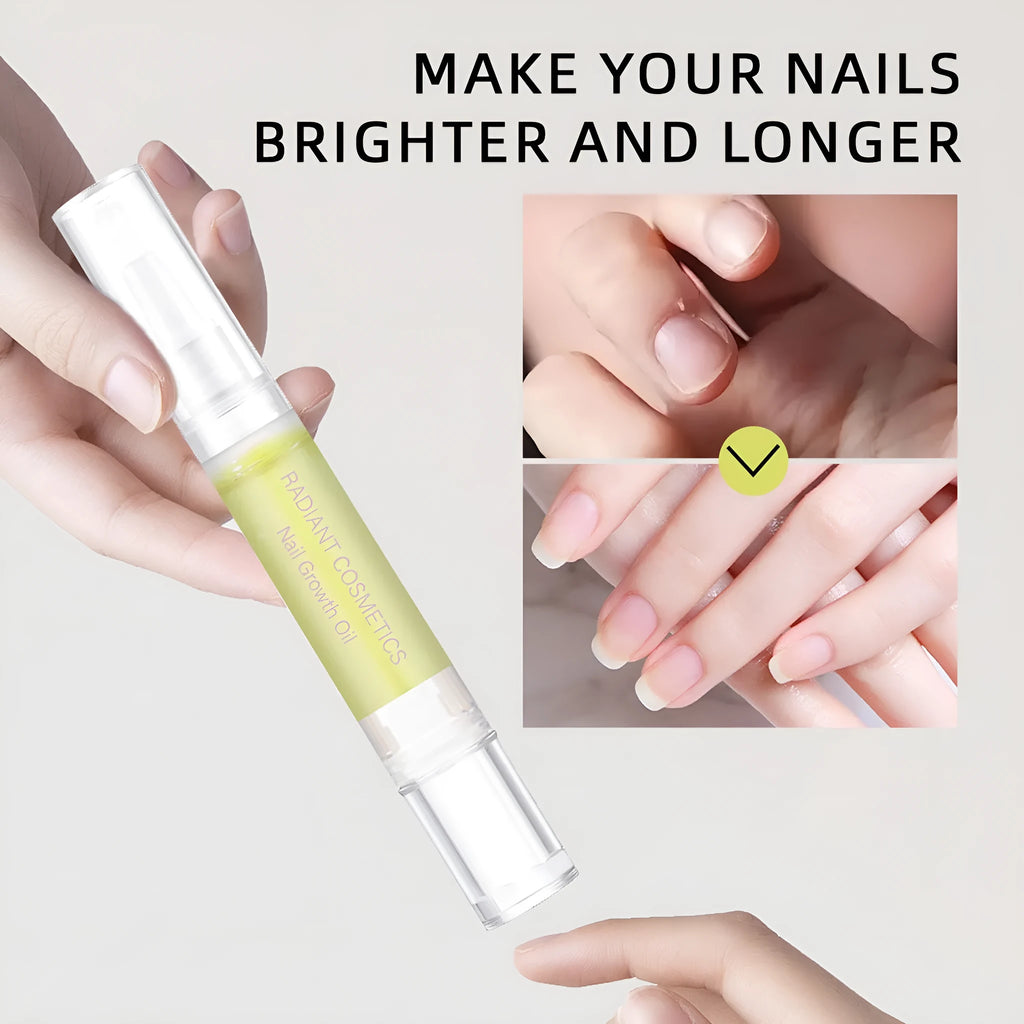 Small 3ml bottle of clear nail growth treatment oil on a white background.