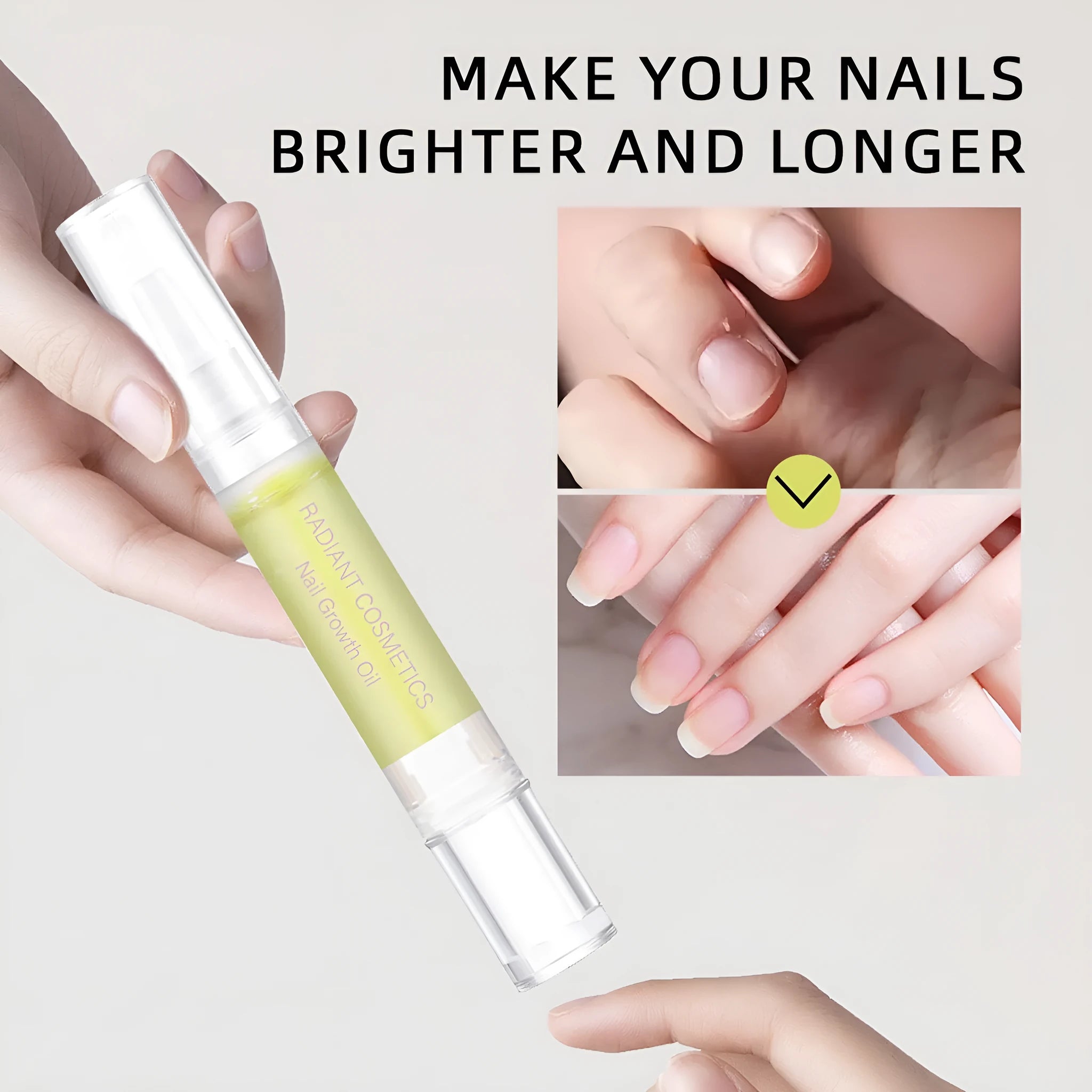 Small 3ml bottle of clear nail growth treatment oil on a white background.