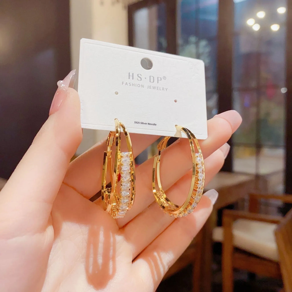 Thick gold plated zircon oval earrings on copper base for women fashion OL style